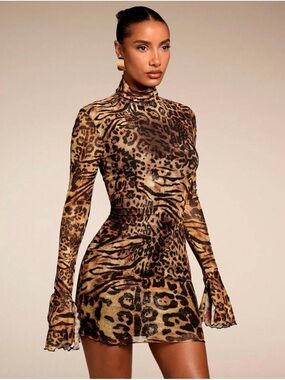 Cheetah  Print Long Sleeve Mini Dress - Brown